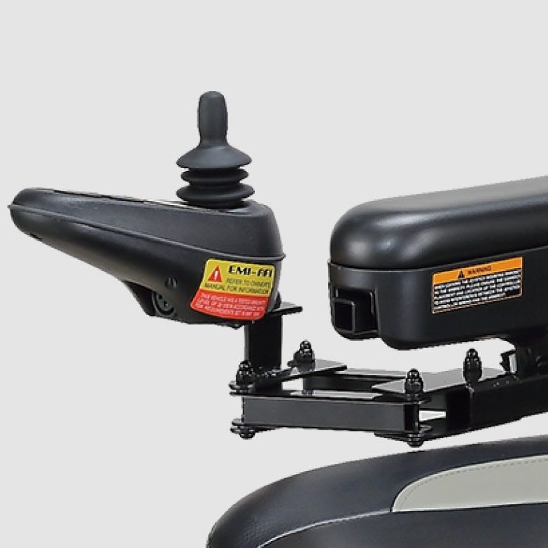 Side view of the Merits Atlantis wheelchair joystick mount