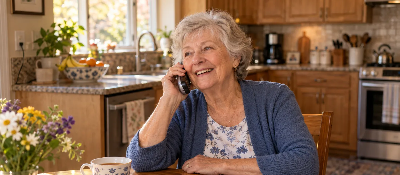 A smiling woman talking on the phone at her kitchen table