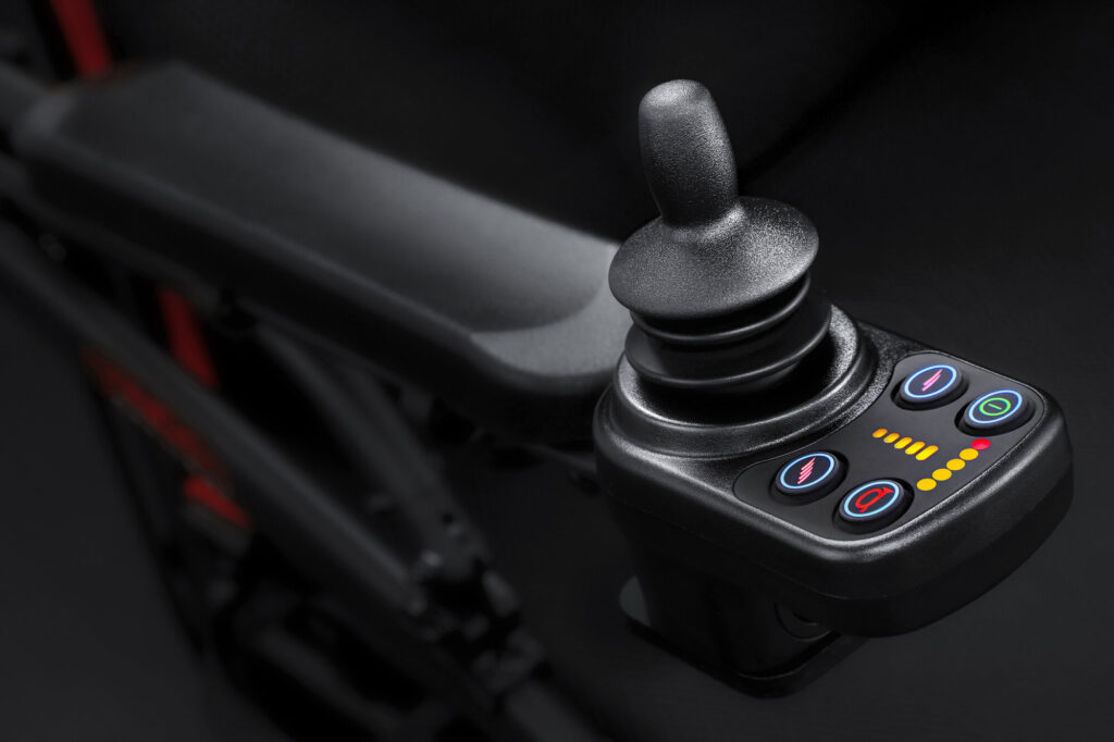 Porto Mobility Ranger Skylight folding power wheelchair, joystick controller close up