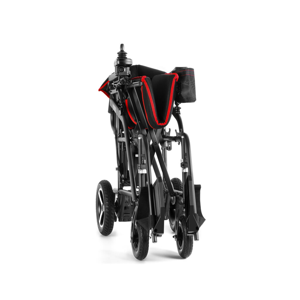 Porto Mobility Ranger Skylight folding power wheelchair folded narrow and standing on its wheels, front view